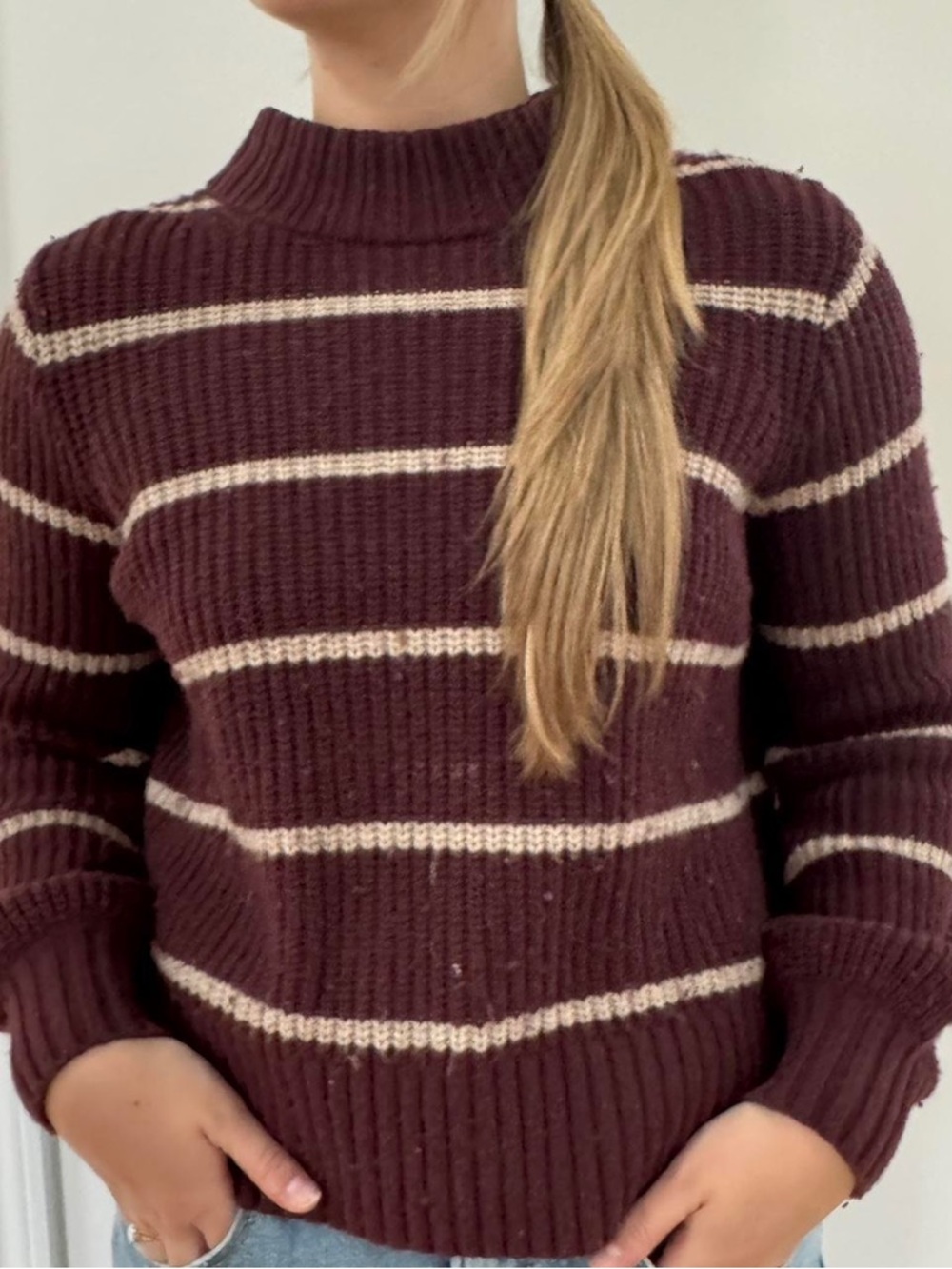 Abercrombie & Fitch Burgundy and Cream Striped Mock Neck Sweater